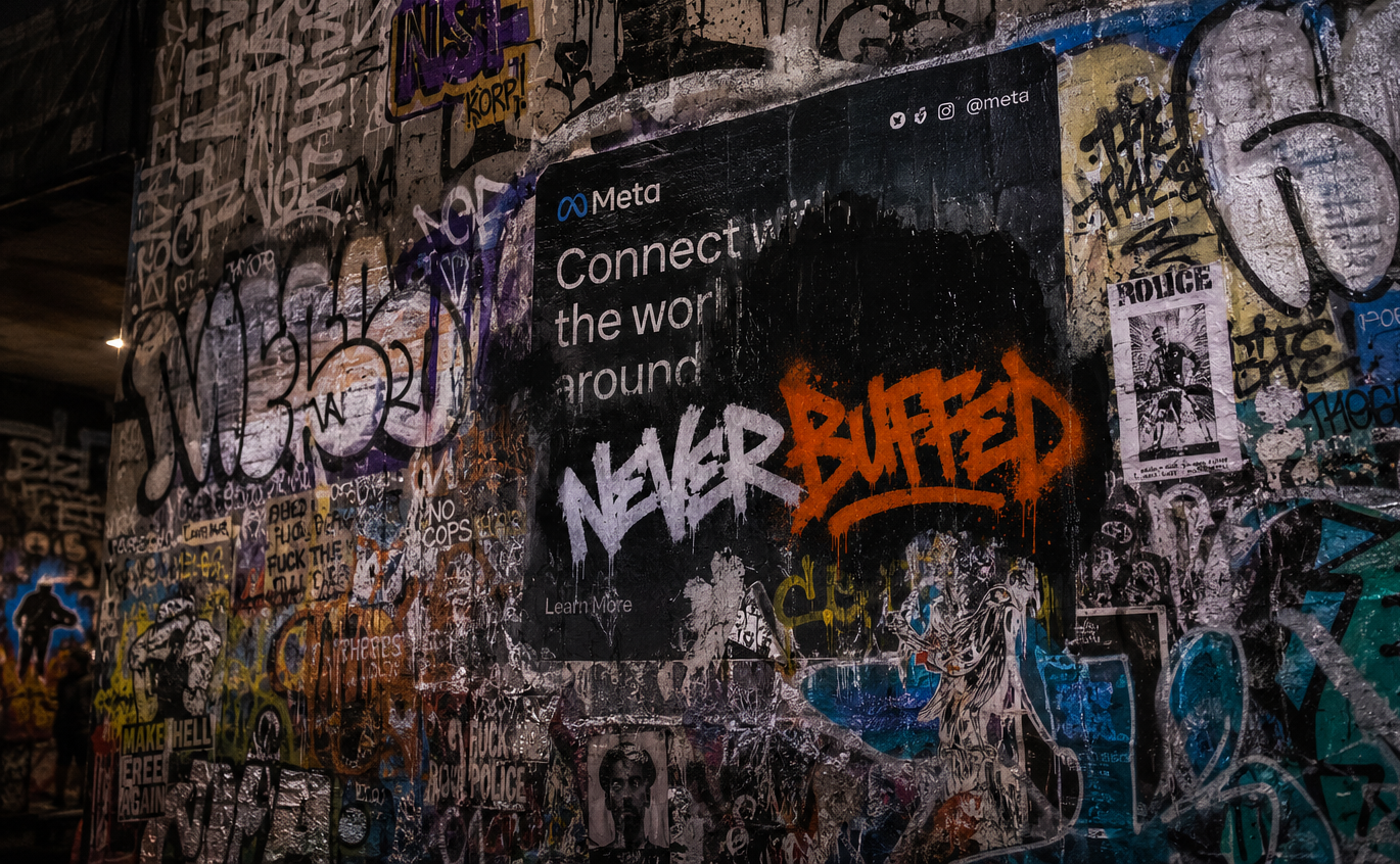 NEVER BUFFED tagged across a Meta billboard ad on a graffiti wall