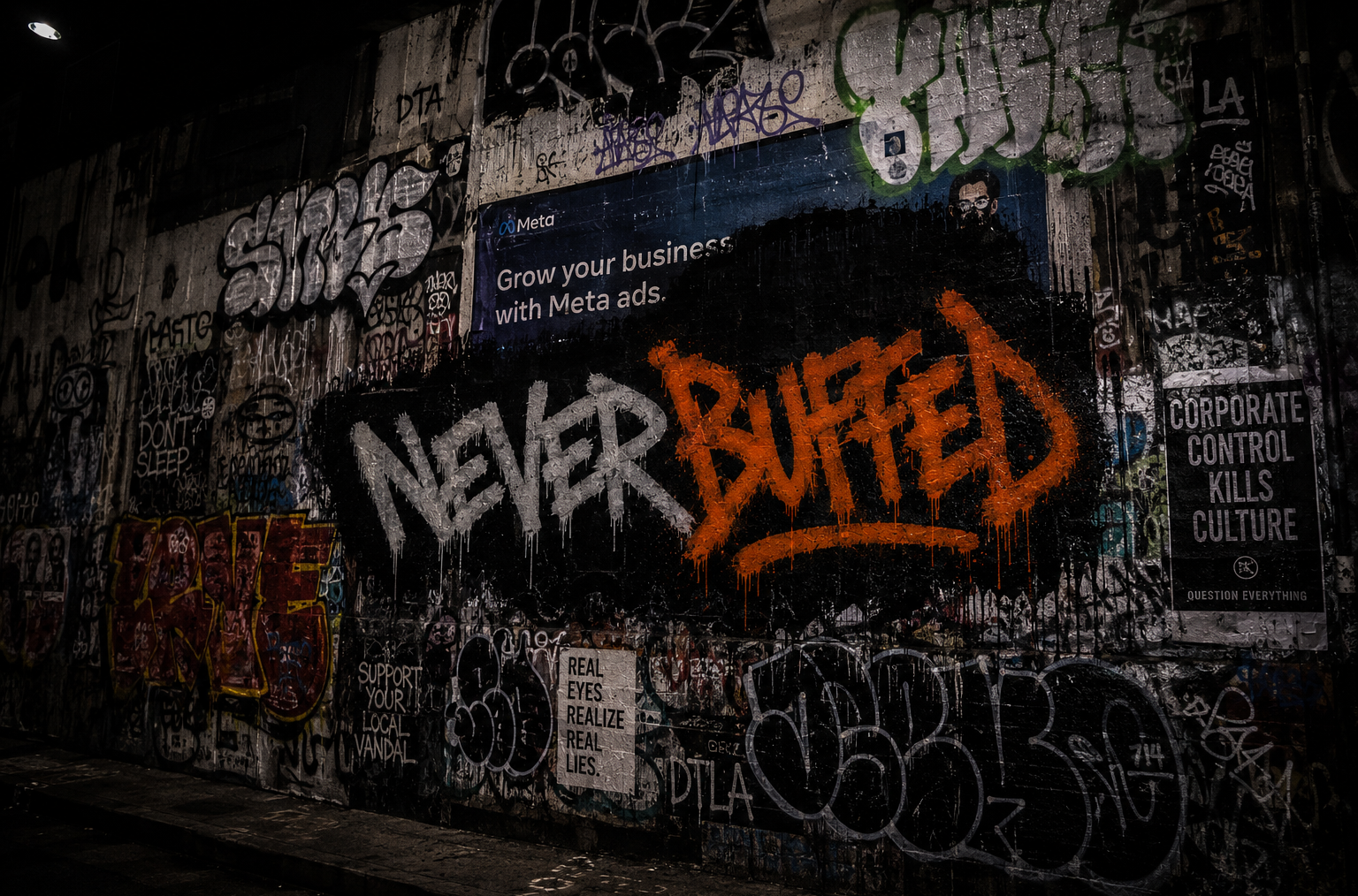 NEVER BUFFED tagged over a Meta business ad on a city wall