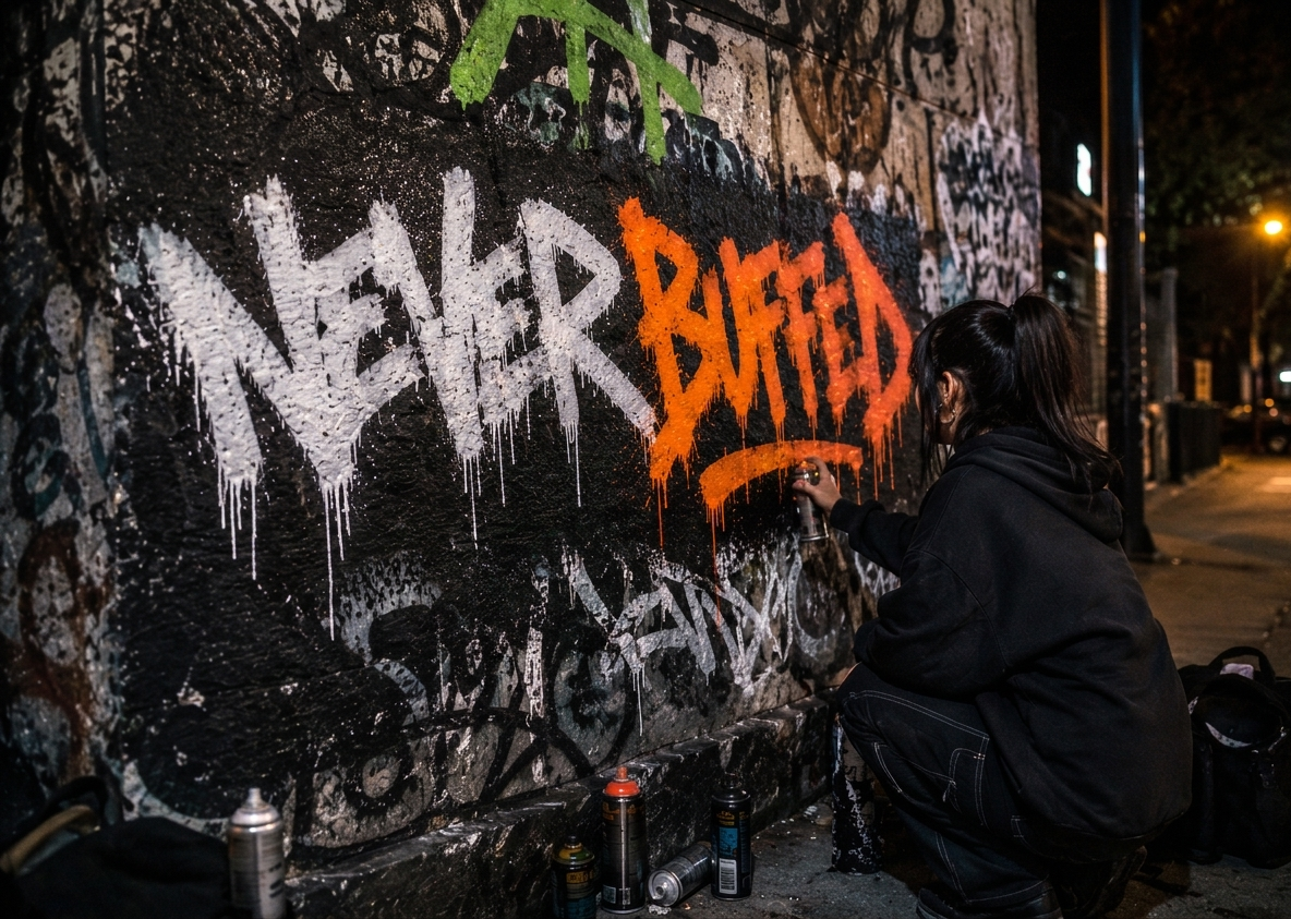 A writer spray-painting NEVER BUFFED on a graffiti wall at night